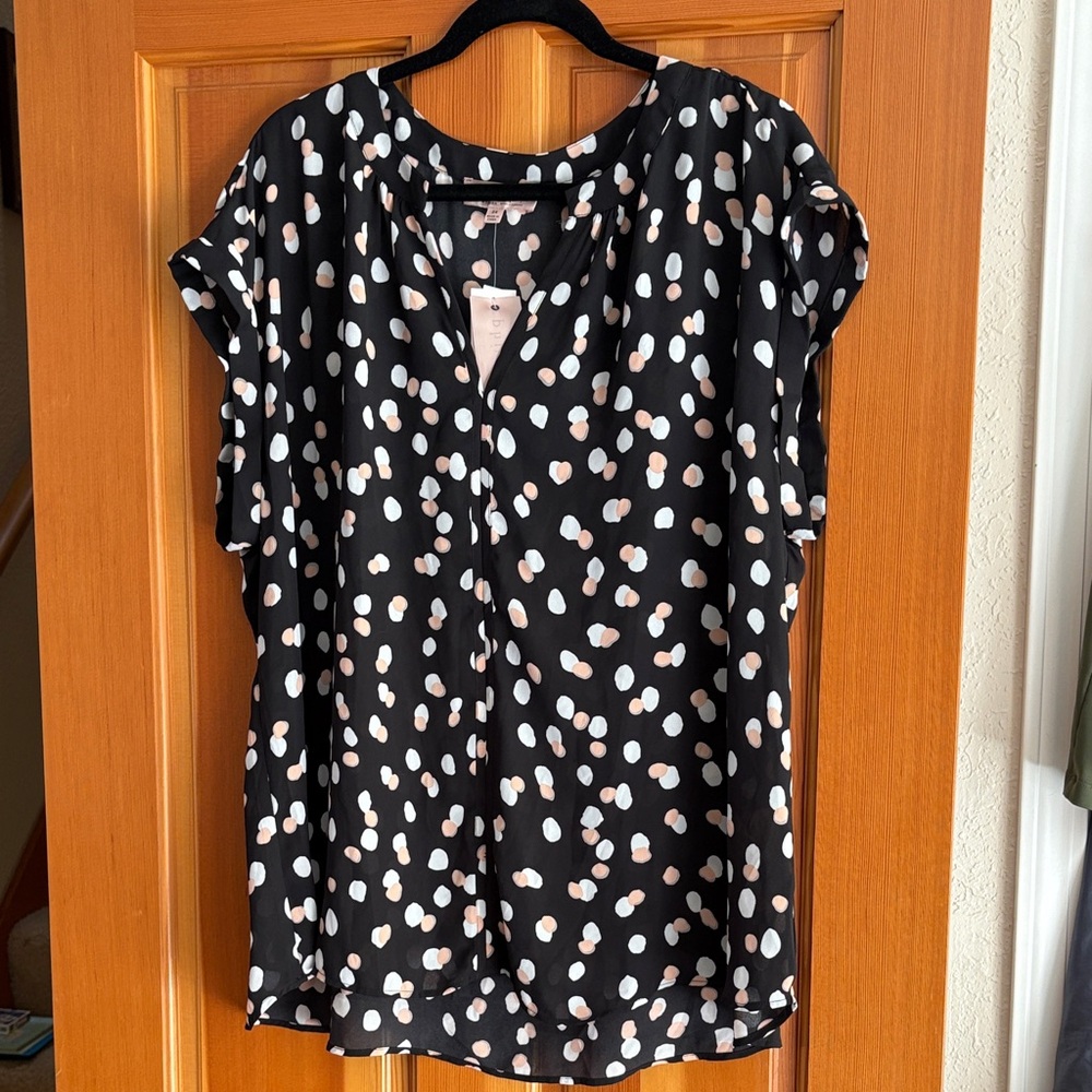 NWT Philosophy Black Blouse with White and Pink Dots